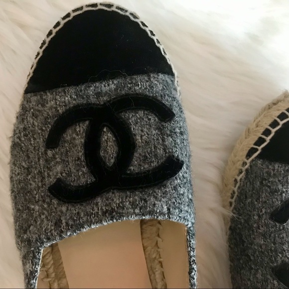 CHANEL Tweed Velvet CC Espadrilles 35 Grey Black with shoe bag - Picture 2 of 16